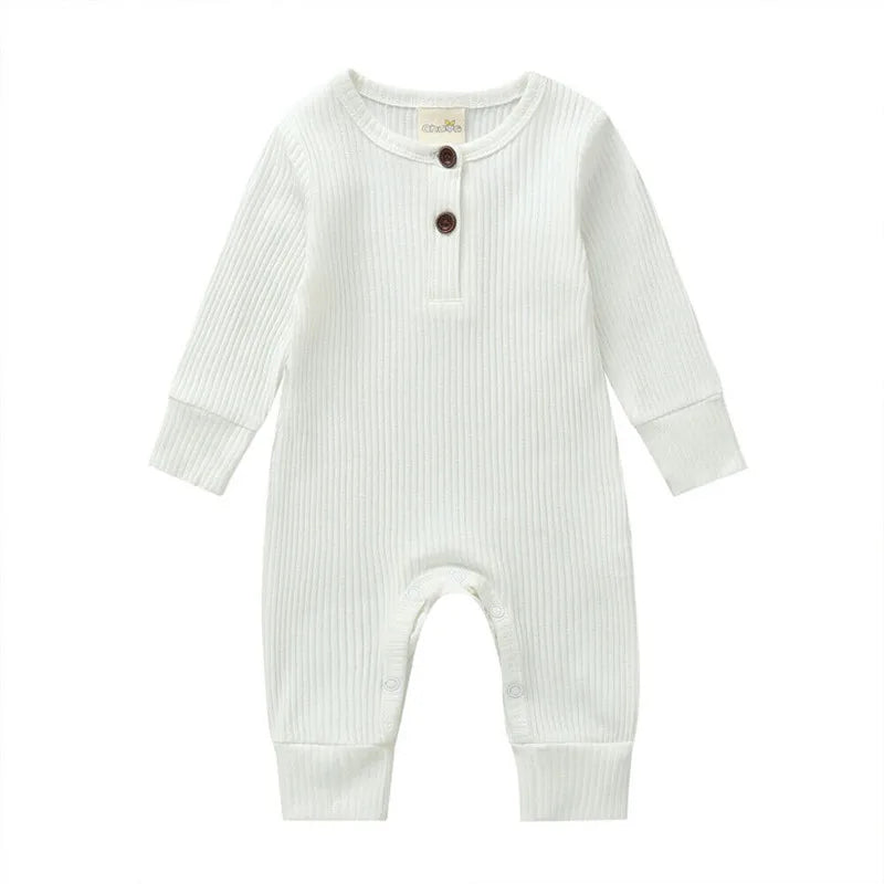 0-24Months Newborn Baby Button Romper Solid Color Knit Ribbed Jumpsuit for Infant Boys and Girls Spring Autumn Long Playsuit