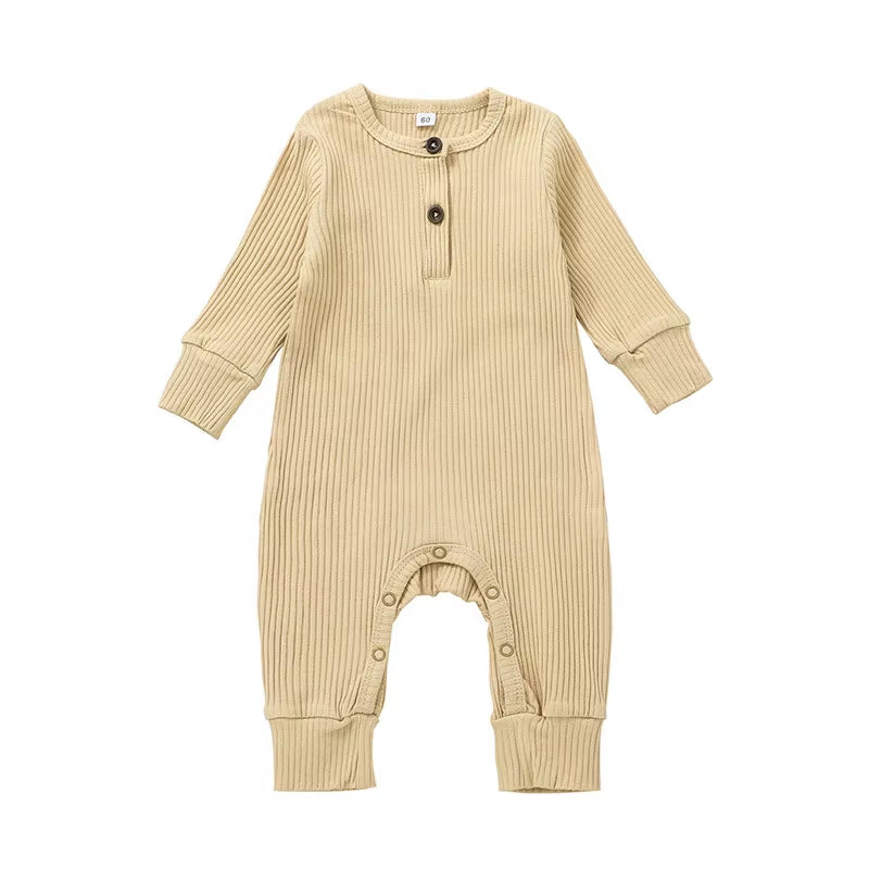 0-24Months Newborn Baby Button Romper Solid Color Knit Ribbed Jumpsuit for Infant Boys and Girls Spring Autumn Long Playsuit