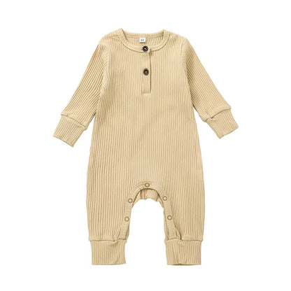 0-24Months Newborn Baby Button Romper Solid Color Knit Ribbed Jumpsuit for Infant Boys and Girls Spring Autumn Long Playsuit