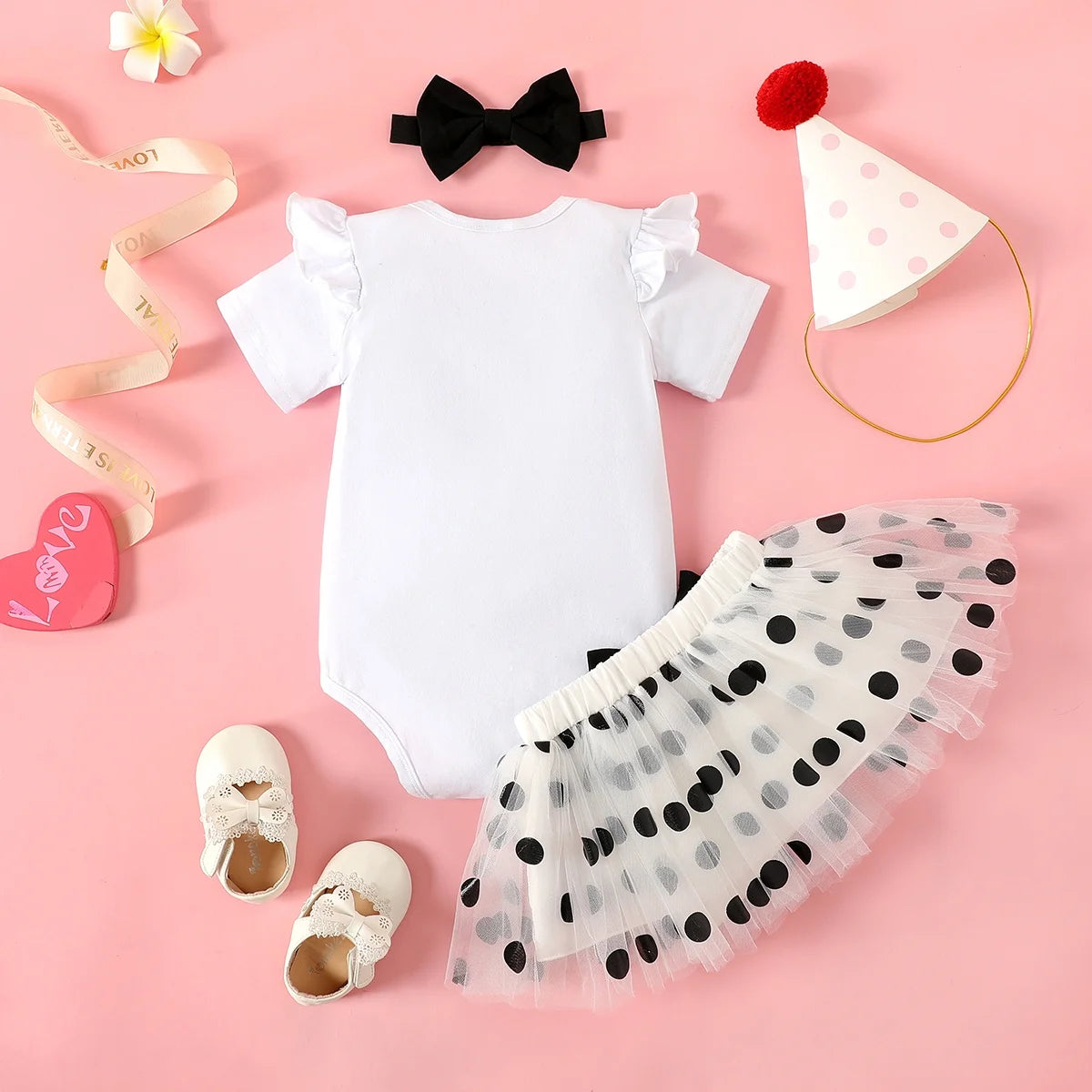 3Pcs Baby Girl 95% Cotton Ruffle Short-Sleeve Letter & Cow Print Romper and Polka Dots Mesh Skirt & Headband Set