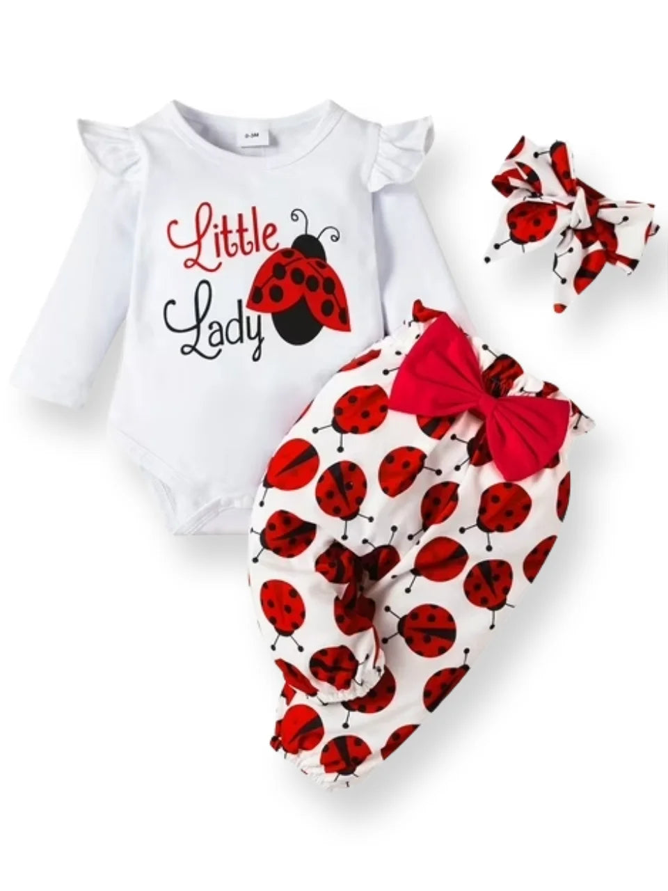 3Pcs Baby Girl Ladybug Long Sleeve Romper and Bowknot Trousers Set,Fall Clothes Newborn Outfit,0-18 Month