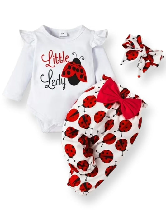3Pcs Baby Girl Ladybug Long Sleeve Romper and Bowknot Trousers Set,Fall Clothes Newborn Outfit,0-18 Month