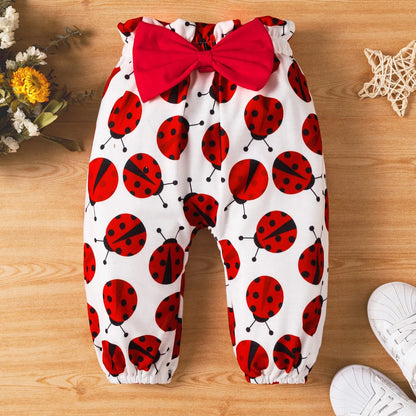 3Pcs Baby Girl Ladybug Long Sleeve Romper and Bowknot Trousers Set,Fall Clothes Newborn Outfit,0-18 Month