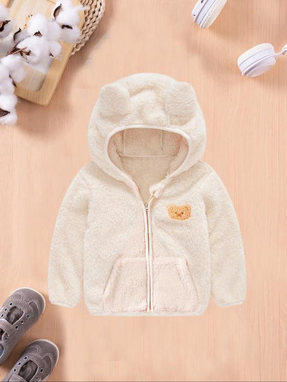 Autum/Winter Children'S Zipper Jacket Fashionable Little Bear Children'S Clothing Cute Boys' and Girls' Hooded Top with Fleece Lining Baby Warm Jacket Baby Clothes Girl