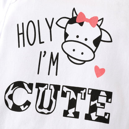 3Pcs Baby Girl 95% Cotton Ruffle Short-Sleeve Letter & Cow Print Romper and Polka Dots Mesh Skirt & Headband Set
