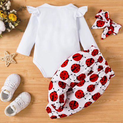 3Pcs Baby Girl Ladybug Long Sleeve Romper and Bowknot Trousers Set,Fall Clothes Newborn Outfit,0-18 Month