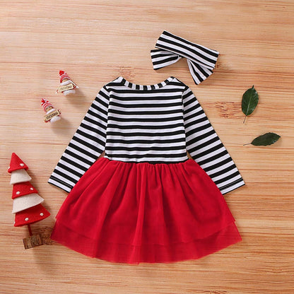 Toddler Baby Girl Christmas Dress Cotton Long Sleeve Santa Prints Christmas Tutu Dress+Headband 2PCS Outfits