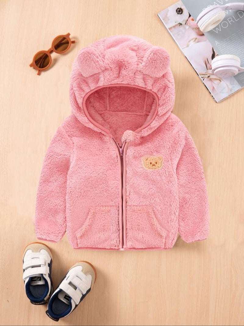 Autum/Winter Children'S Zipper Jacket Fashionable Little Bear Children'S Clothing Cute Boys' and Girls' Hooded Top with Fleece Lining Baby Warm Jacket Baby Clothes Girl