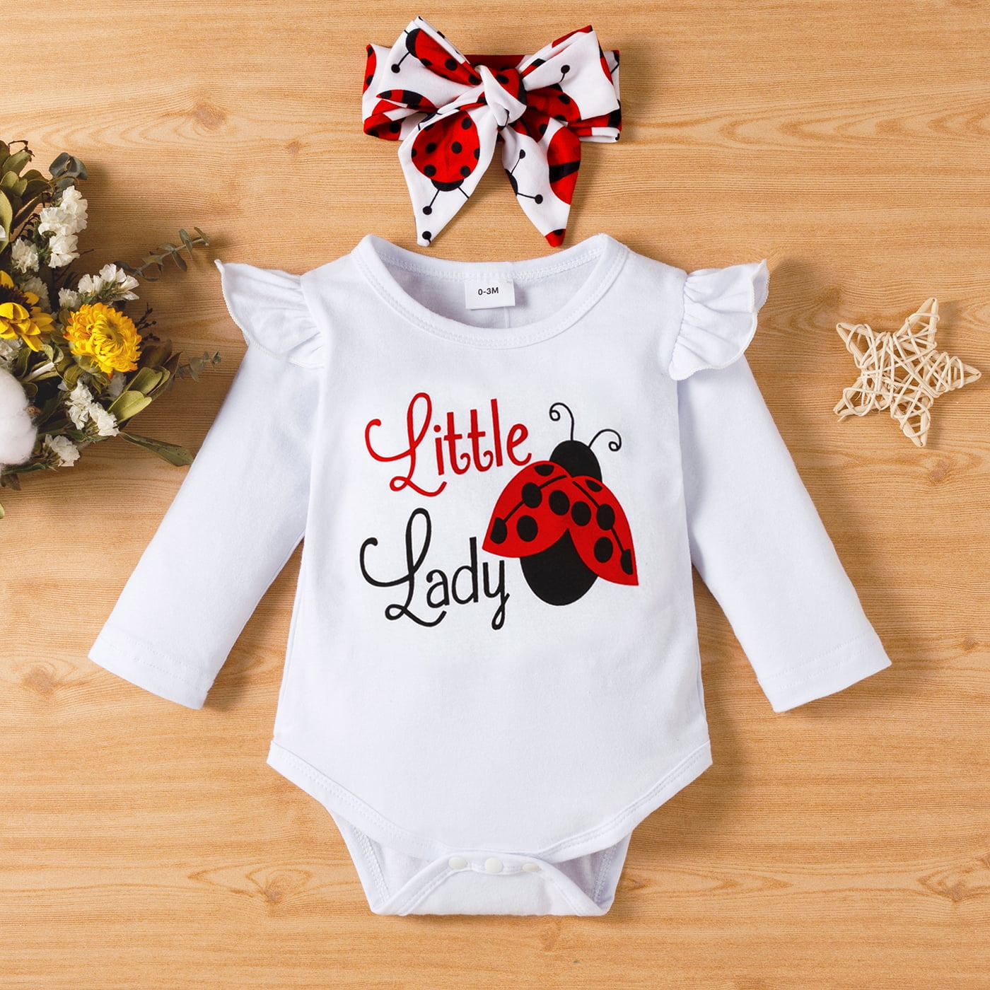 3Pcs Baby Girl Ladybug Long Sleeve Romper and Bowknot Trousers Set,Fall Clothes Newborn Outfit,0-18 Month