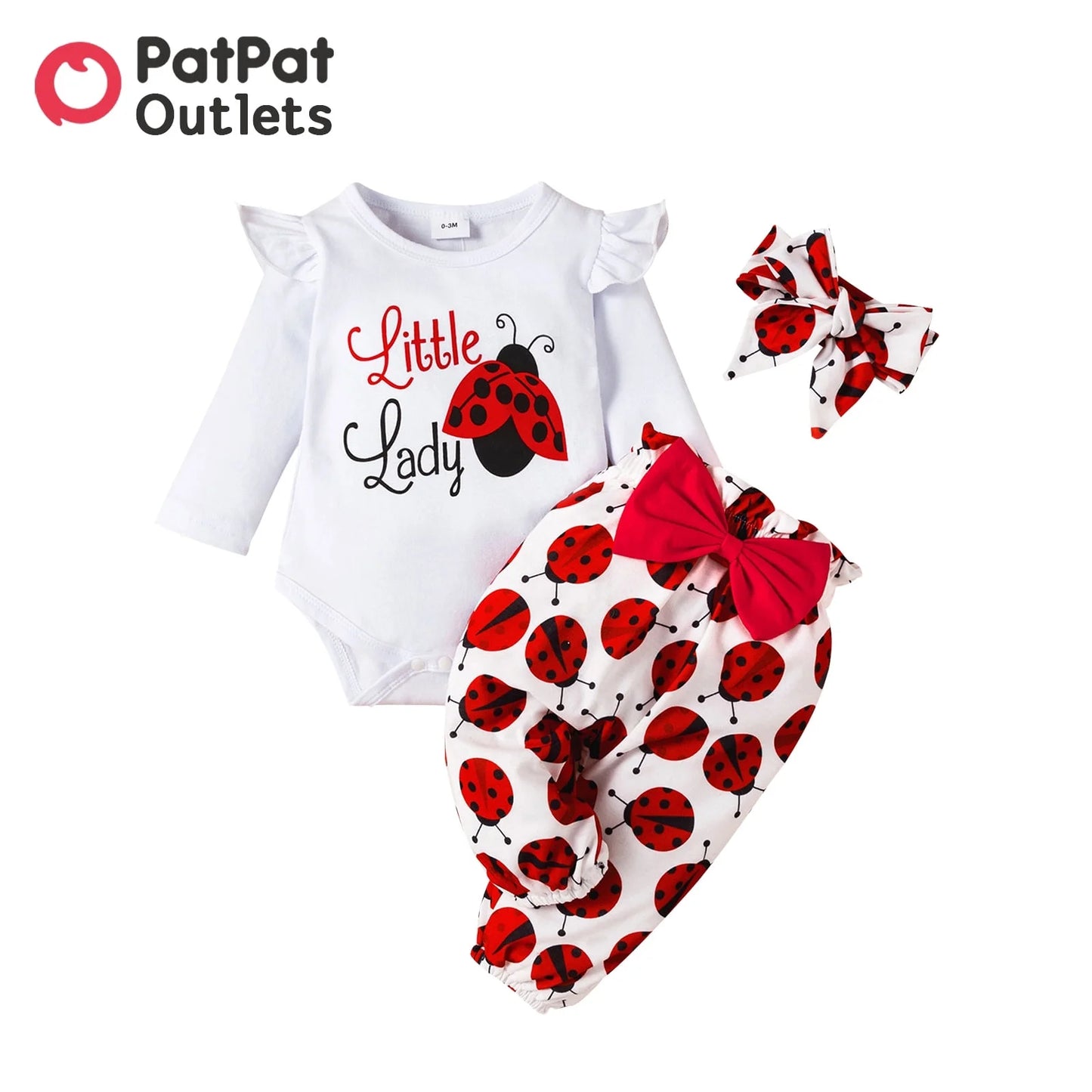 3Pcs Baby Girl Ladybug Long Sleeve Romper and Bowknot Trousers Set,Fall Clothes Newborn Outfit,0-18 Month