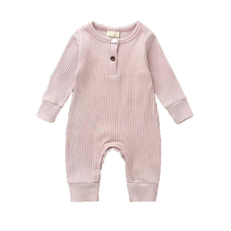 0-24Months Newborn Baby Button Romper Solid Color Knit Ribbed Jumpsuit for Infant Boys and Girls Spring Autumn Long Playsuit