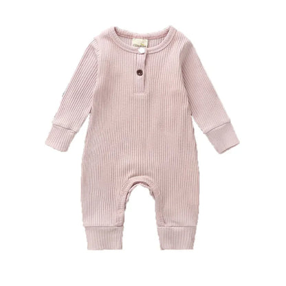 0-24Months Newborn Baby Button Romper Solid Color Knit Ribbed Jumpsuit for Infant Boys and Girls Spring Autumn Long Playsuit