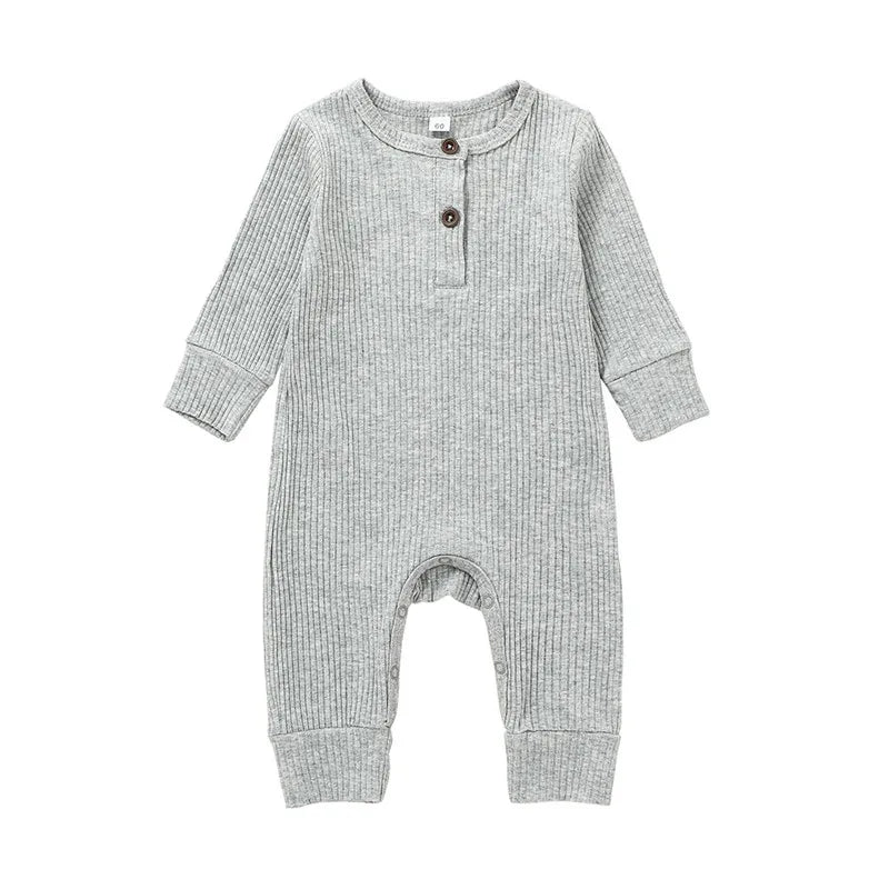 0-24Months Newborn Baby Button Romper Solid Color Knit Ribbed Jumpsuit for Infant Boys and Girls Spring Autumn Long Playsuit