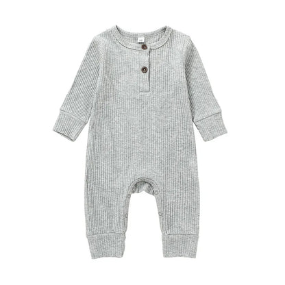 0-24Months Newborn Baby Button Romper Solid Color Knit Ribbed Jumpsuit for Infant Boys and Girls Spring Autumn Long Playsuit