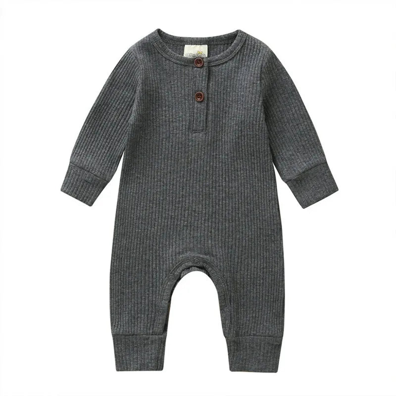 0-24Months Newborn Baby Button Romper Solid Color Knit Ribbed Jumpsuit for Infant Boys and Girls Spring Autumn Long Playsuit