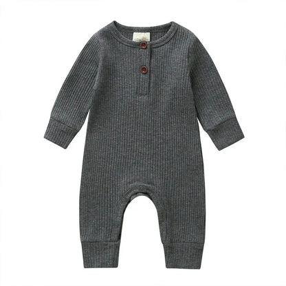 0-24Months Newborn Baby Button Romper Solid Color Knit Ribbed Jumpsuit for Infant Boys and Girls Spring Autumn Long Playsuit