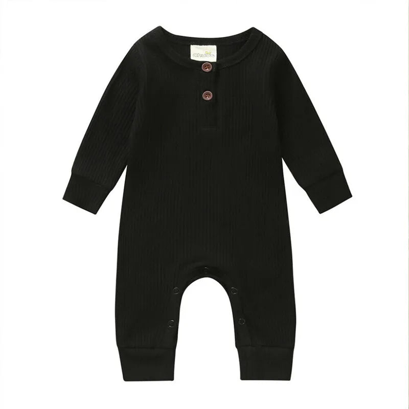 0-24Months Newborn Baby Button Romper Solid Color Knit Ribbed Jumpsuit for Infant Boys and Girls Spring Autumn Long Playsuit