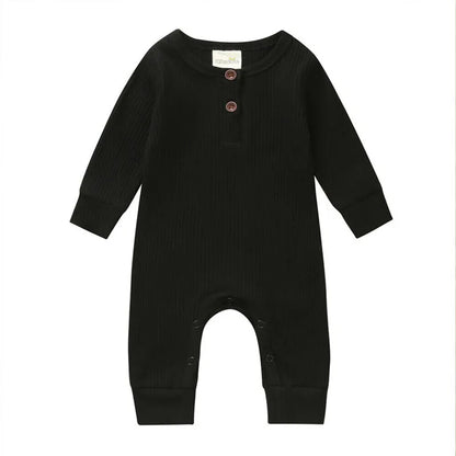 0-24Months Newborn Baby Button Romper Solid Color Knit Ribbed Jumpsuit for Infant Boys and Girls Spring Autumn Long Playsuit