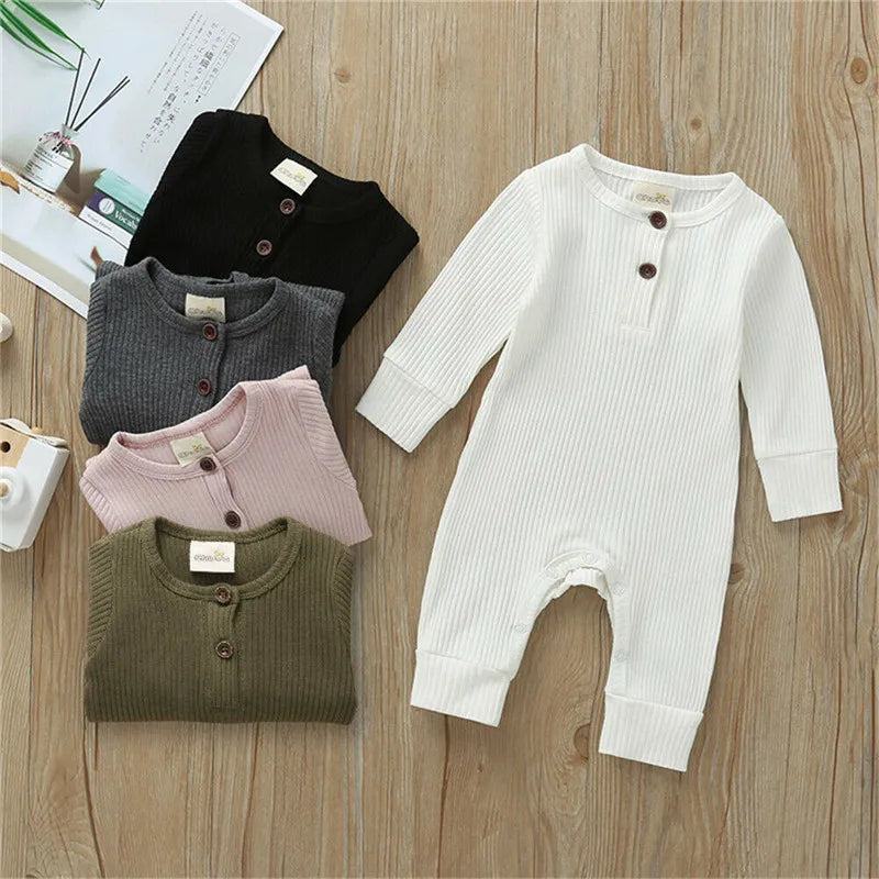 0-24Months Newborn Baby Button Romper Solid Color Knit Ribbed Jumpsuit for Infant Boys and Girls Spring Autumn Long Playsuit