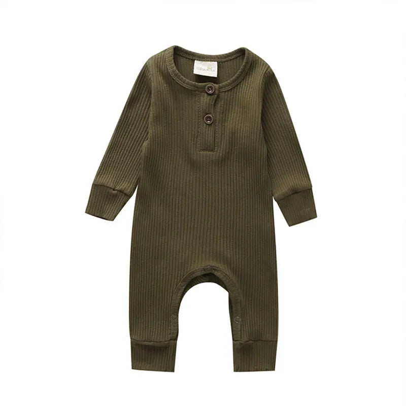 0-24Months Newborn Baby Button Romper Solid Color Knit Ribbed Jumpsuit for Infant Boys and Girls Spring Autumn Long Playsuit