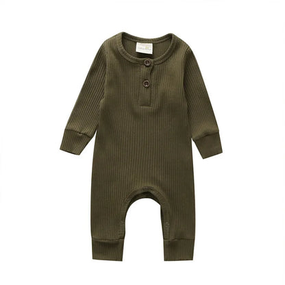 0-24Months Newborn Baby Button Romper Solid Color Knit Ribbed Jumpsuit for Infant Boys and Girls Spring Autumn Long Playsuit