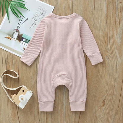 0-24Months Newborn Baby Button Romper Solid Color Knit Ribbed Jumpsuit for Infant Boys and Girls Spring Autumn Long Playsuit