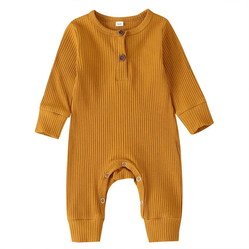0-24Months Newborn Baby Button Romper Solid Color Knit Ribbed Jumpsuit for Infant Boys and Girls Spring Autumn Long Playsuit