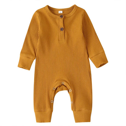 0-24Months Newborn Baby Button Romper Solid Color Knit Ribbed Jumpsuit for Infant Boys and Girls Spring Autumn Long Playsuit