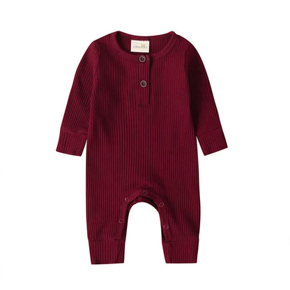 0-24Months Newborn Baby Button Romper Solid Color Knit Ribbed Jumpsuit for Infant Boys and Girls Spring Autumn Long Playsuit