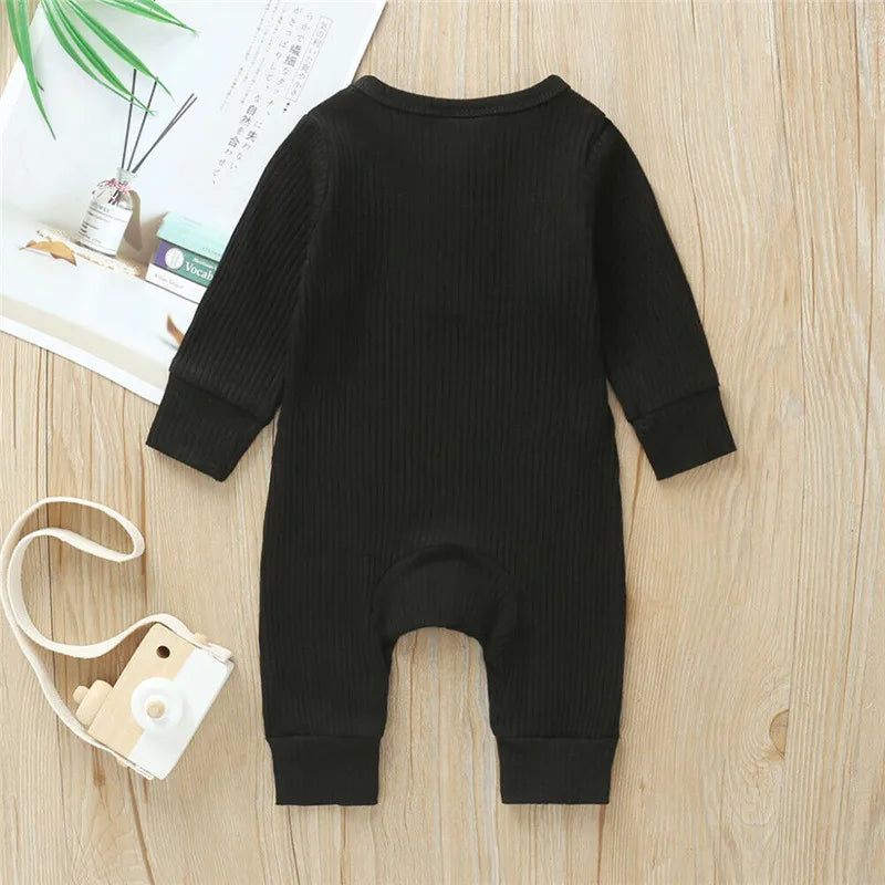 0-24Months Newborn Baby Button Romper Solid Color Knit Ribbed Jumpsuit for Infant Boys and Girls Spring Autumn Long Playsuit