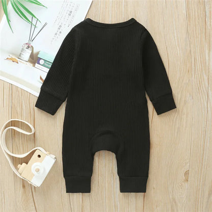 0-24Months Newborn Baby Button Romper Solid Color Knit Ribbed Jumpsuit for Infant Boys and Girls Spring Autumn Long Playsuit