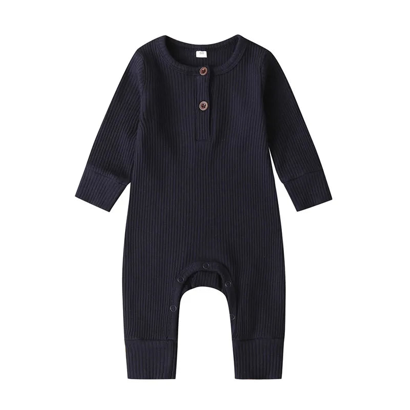 0-24Months Newborn Baby Button Romper Solid Color Knit Ribbed Jumpsuit for Infant Boys and Girls Spring Autumn Long Playsuit