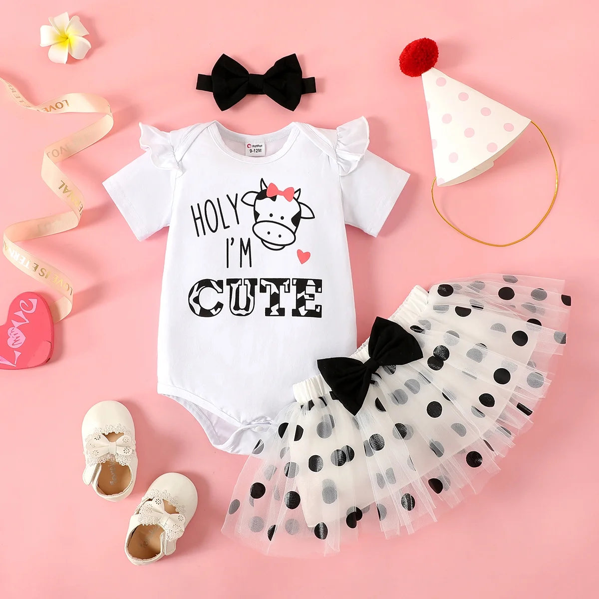 3Pcs Baby Girl 95% Cotton Ruffle Short-Sleeve Letter & Cow Print Romper and Polka Dots Mesh Skirt & Headband Set