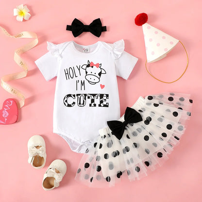3Pcs Baby Girl 95% Cotton Ruffle Short-Sleeve Letter & Cow Print Romper and Polka Dots Mesh Skirt & Headband Set