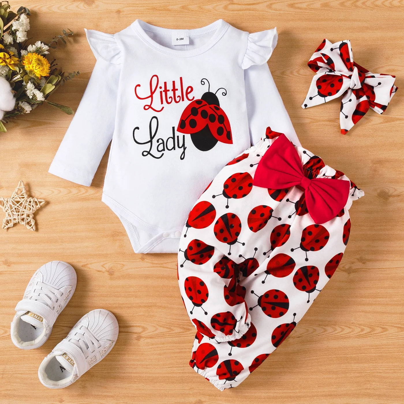 3Pcs Baby Girl Ladybug Long Sleeve Romper and Bowknot Trousers Set,Fall Clothes Newborn Outfit,0-18 Month