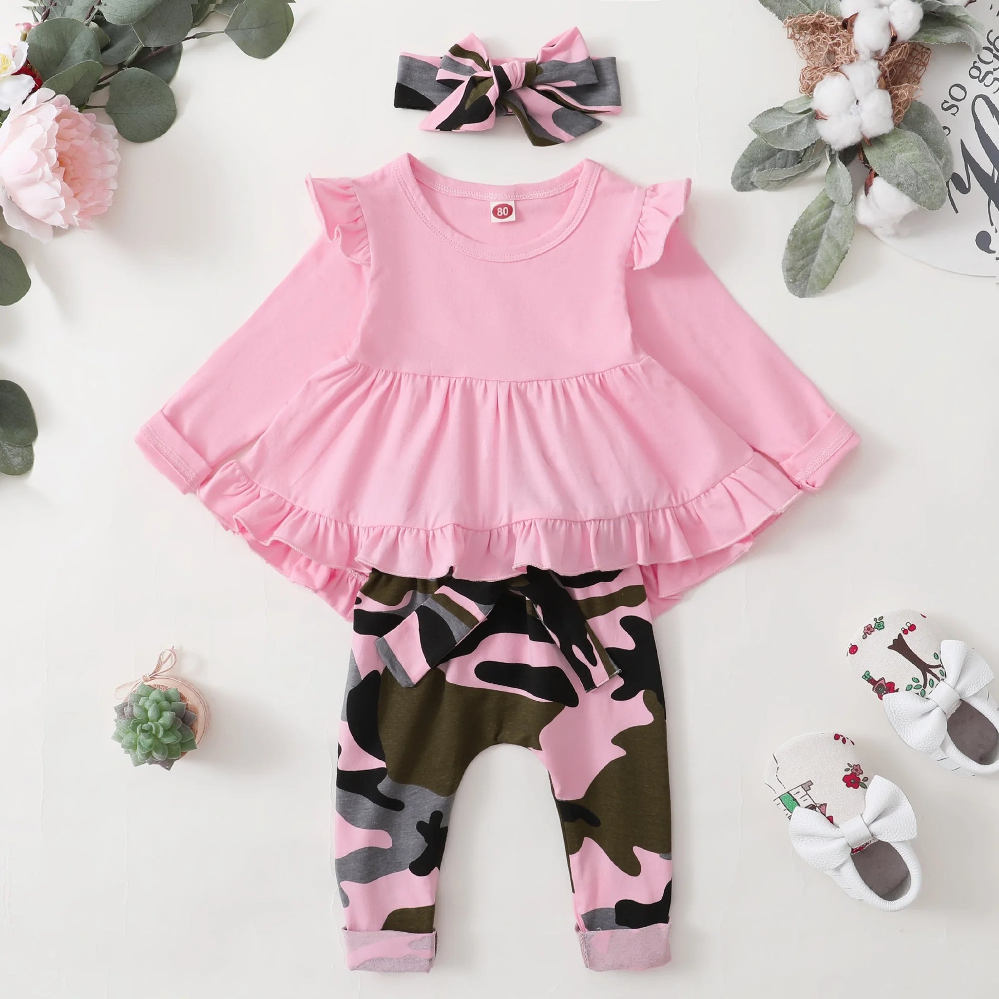 Baby Girl Clothes Toddler Girl Camo Outfit Ruffle Sleeve Shirt Floral Pant Set Fall Winter Clothing for Girl (3-4T, Pink)