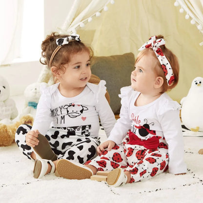 3Pcs Baby Girl Ladybug Long Sleeve Romper and Bowknot Trousers Set,Fall Clothes Newborn Outfit,0-18 Month