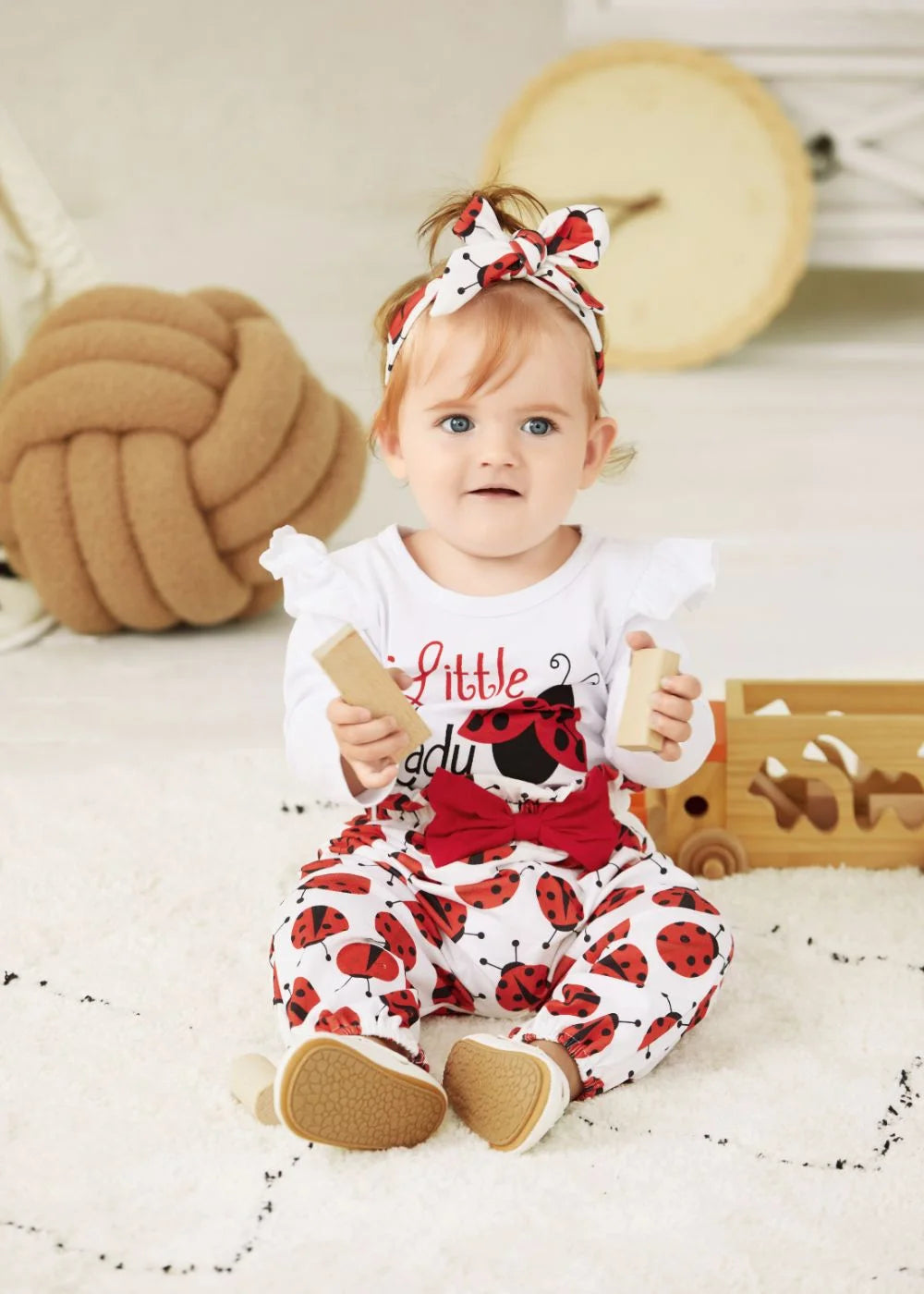 3Pcs Baby Girl Ladybug Long Sleeve Romper and Bowknot Trousers Set,Fall Clothes Newborn Outfit,0-18 Month