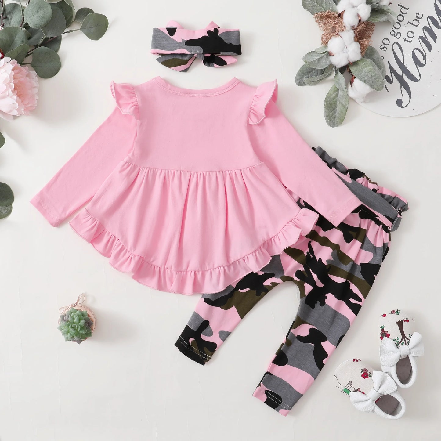 Baby Girl Clothes Toddler Girl Camo Outfit Ruffle Sleeve Shirt Floral Pant Set Fall Winter Clothing for Girl (3-4T, Pink)
